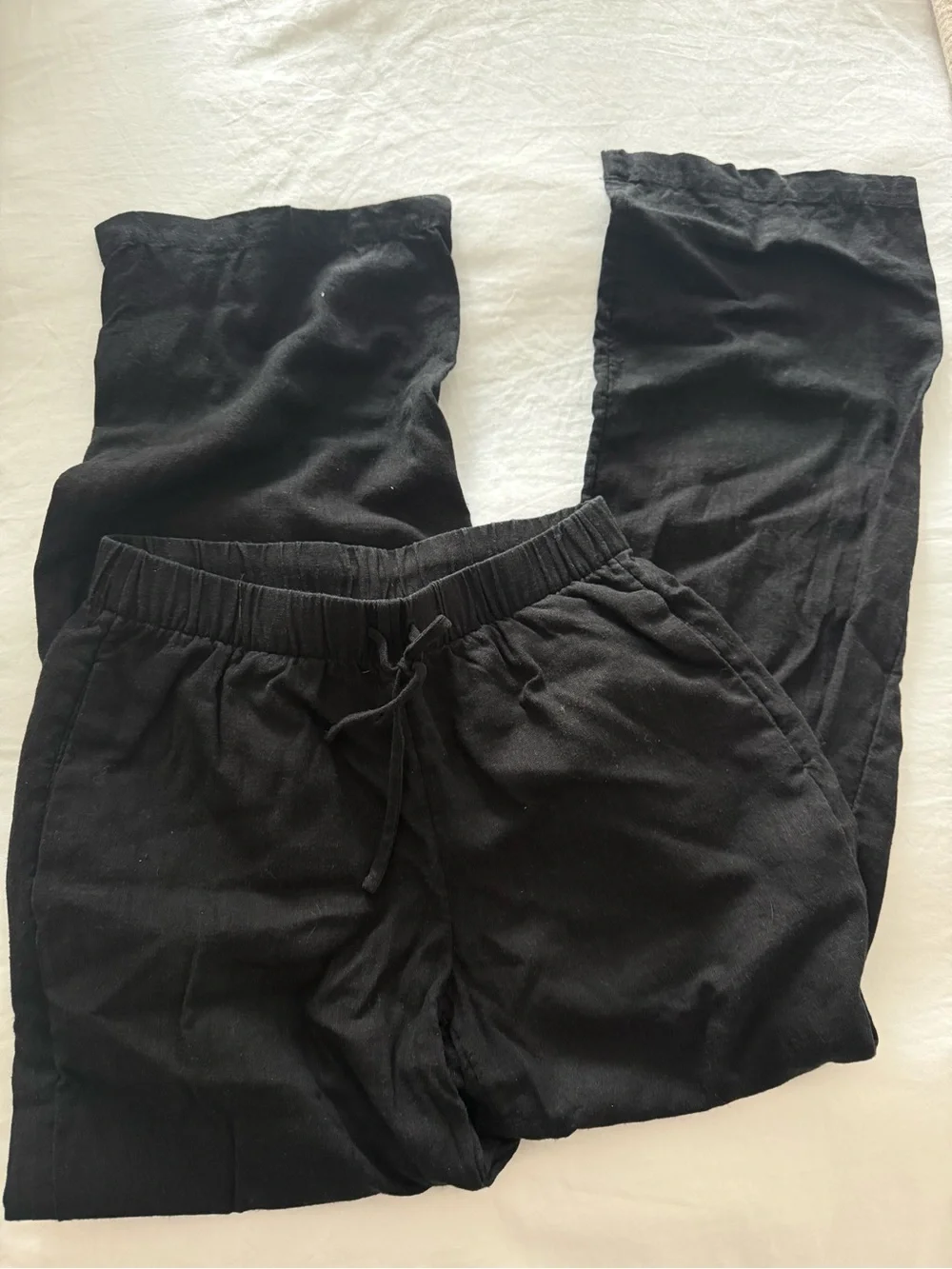 Aritzia Women's Black Wide-Leg Drawstring Pants linen